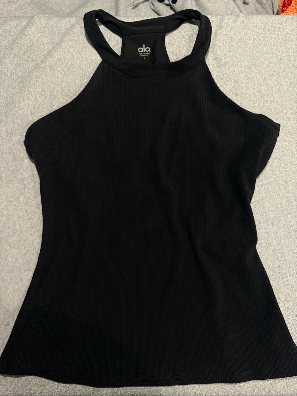 ALO Yoga Black Ribbed High-Neck Racerback Tank - Picture 1 of 5